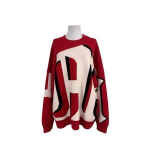 Maeve Anthropologie NEW XL Oversized Graphic Monogram Sweater Heavyweight Red